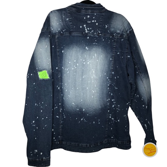 Blue Denim Jacket with Paint Splatter Print Neon Green details 4X NWT - Picture 2 of 6